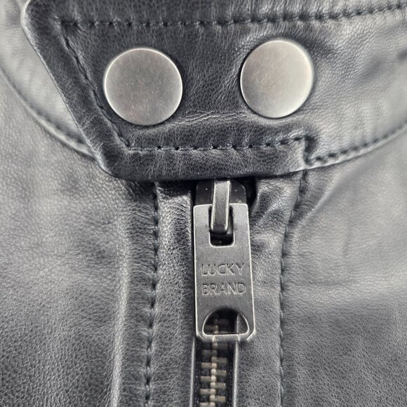 Lucky Brand Black Leather  Biker Jacket Large  Style 7M30808  Cafe Racer - Picture 7 of 14